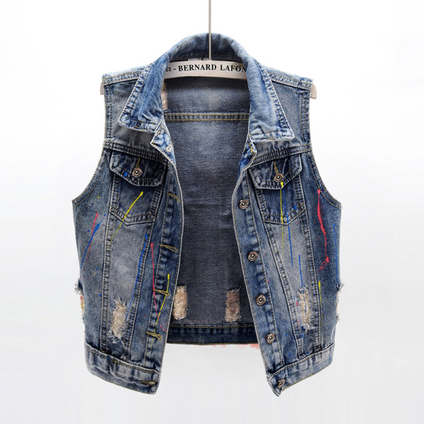 Κομψό γυναικείο γιλέκο με τζιν με απλικέ και τρισδιάστατο στοιχείο