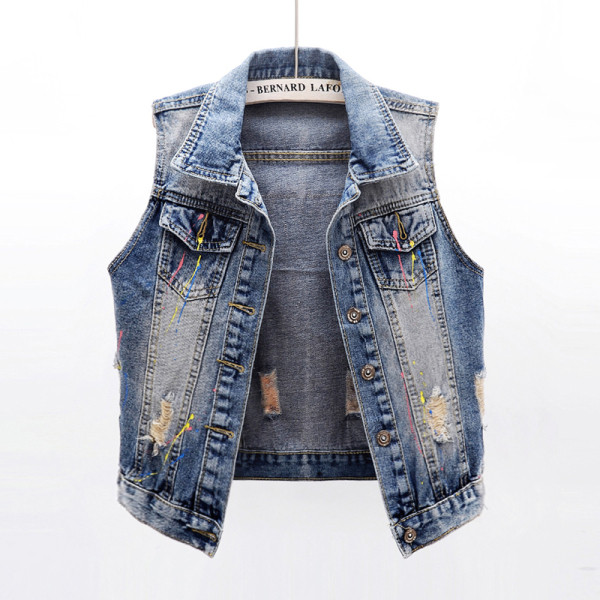 Γυναικείο  τζιν γιλέκο μοντέρνο με σκισμένα μοτίβα και απλικέ