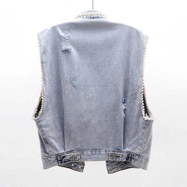 Modern női farmermellény gyöngyökkel és zsebekkel