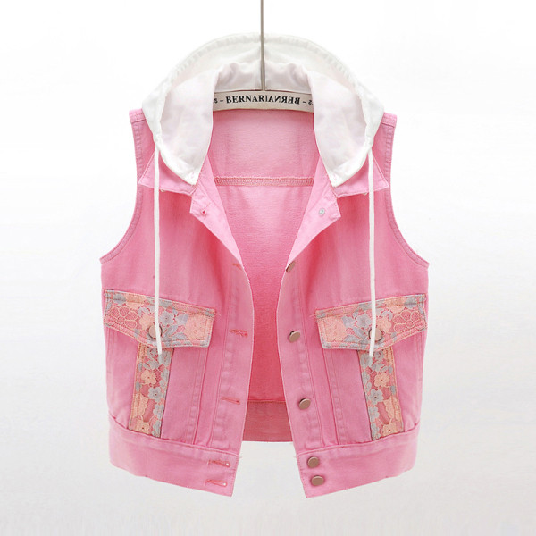 Vestă de damă, lejeră, scurtă din denim, cu glugă și broderie pe buzunare