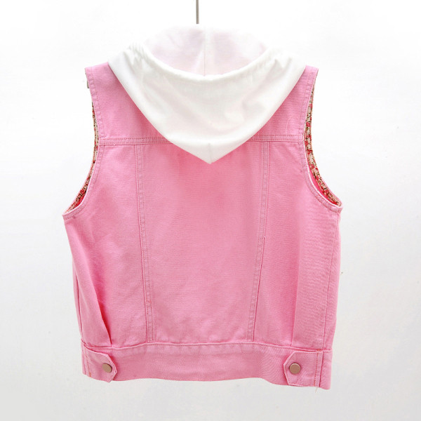 Vestă de damă, lejeră, scurtă din denim, cu glugă și broderie pe buzunare