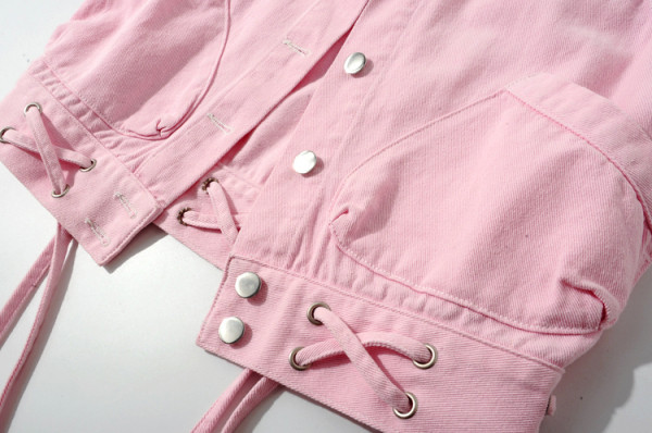 Vabaaja naiste lühike teksavest laia tasku ja vöökoha lipsudega