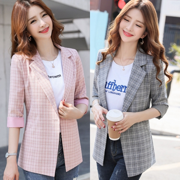 Ruuduline sportlik-elegantne 3/4 varrukatega naiste jakk