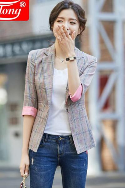 Napi kockás női kabát 3/4 ujjal