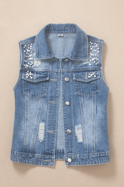 Lezser női rövid farmermellény gyöngyökkel, szakadt motívumokkal