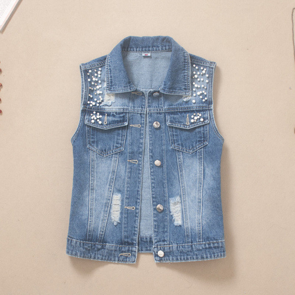 Lezser női rövid farmermellény gyöngyökkel, szakadt motívumokkal