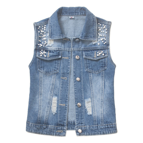 Lezser női rövid farmermellény gyöngyökkel, szakadt motívumokkal