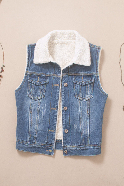 Γυναικείο γιλέκο κοντό τζιν με τσέπες 