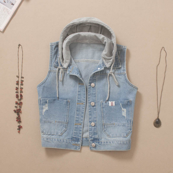 Ikdienas sieviešu īsā džinsa veste ar kapuci un saitēm