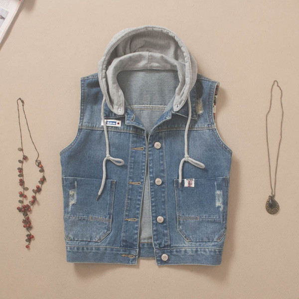 Ikdienas sieviešu īsā džinsa veste ar kapuci un saitēm