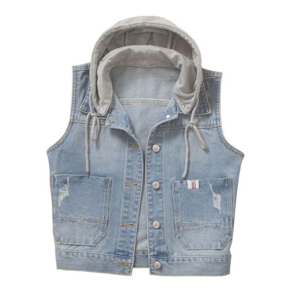 Ikdienas sieviešu īsā džinsa veste ar kapuci un saitēm