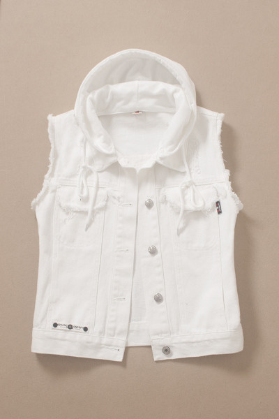 Vestă de damă, lejeră, scurtă din denim, cu glugă și buzunare în alb