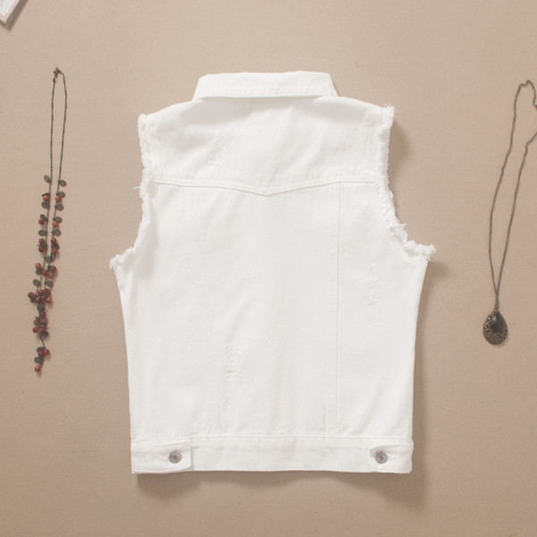 Vestă de damă, lejeră, scurtă din denim, cu glugă și buzunare în alb