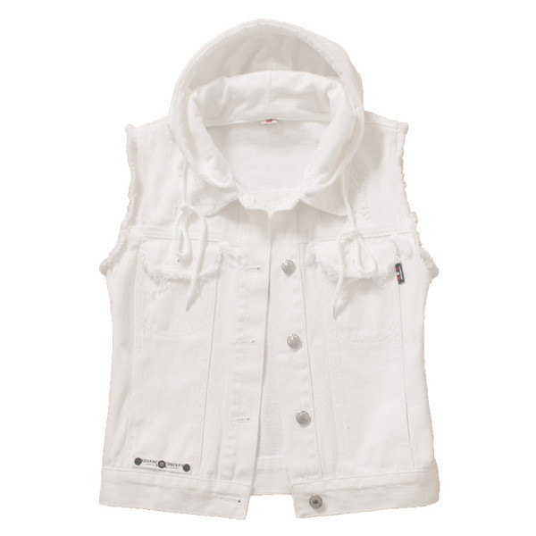 Vestă de damă, lejeră, scurtă din denim, cu glugă și buzunare în alb