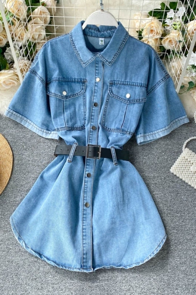 Női alkalmi farmer ing övvel és klasszikus gallérral