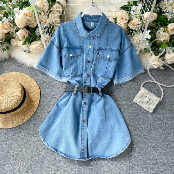 Női alkalmi farmer ing övvel és klasszikus gallérral