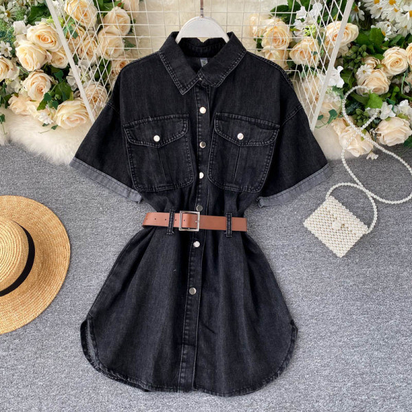 Női alkalmi farmer ing övvel és klasszikus gallérral