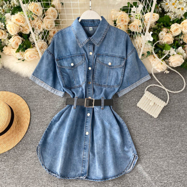 Női alkalmi farmer ing övvel és klasszikus gallérral