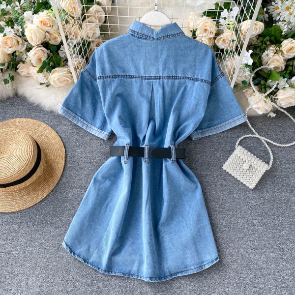 Női alkalmi farmer ing övvel és klasszikus gallérral