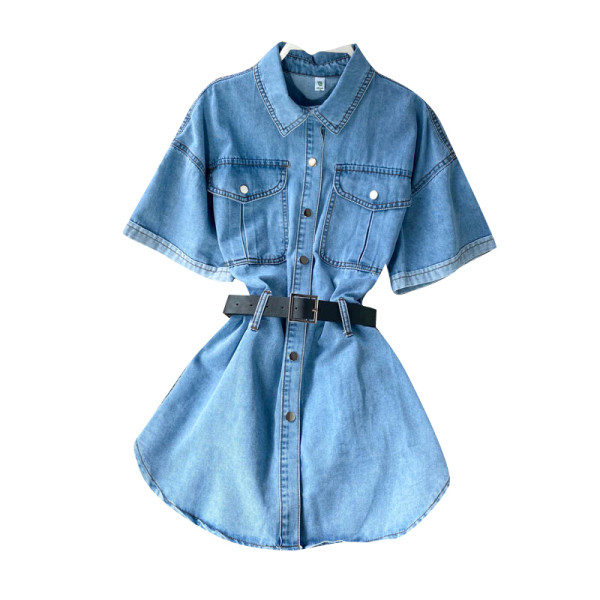 Női alkalmi farmer ing övvel és klasszikus gallérral