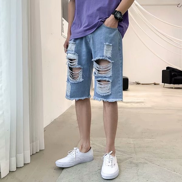 Blugi barbati moderni cu model 3/4 rupt dreapta