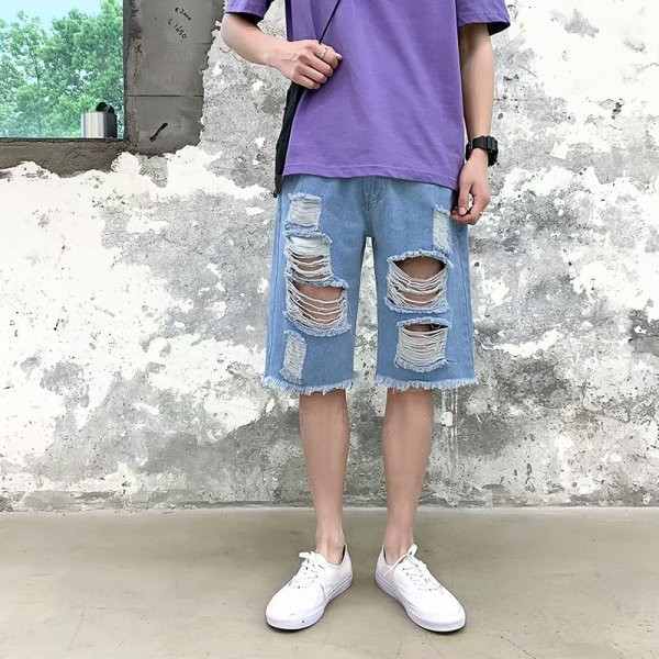 Blugi barbati moderni cu model 3/4 rupt dreapta