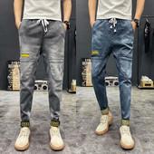 Ανδρικά τζιν casual με κορδόνια και ελαστική μέση