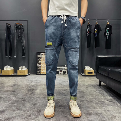 Ανδρικά τζιν casual με κορδόνια και ελαστική μέση