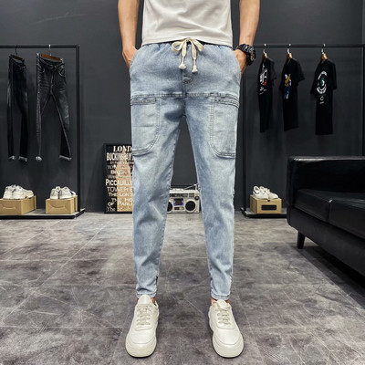 Ανδρικά τζιν casual με κορδόνια και ελαστική μέση