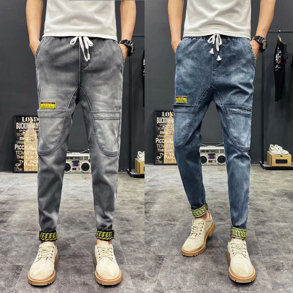 Ανδρικά τζιν casual με κορδόνια και ελαστική μέση