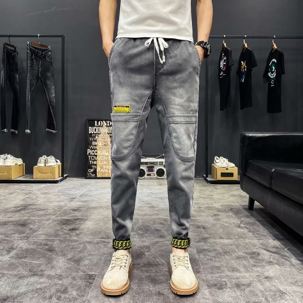 Ανδρικά τζιν casual με κορδόνια και ελαστική μέση