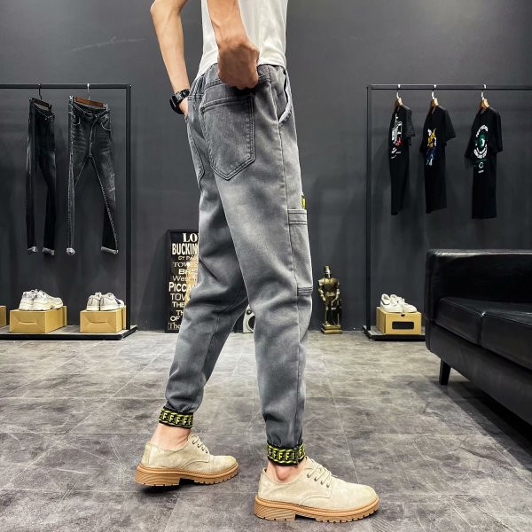 Ανδρικά τζιν casual με κορδόνια και ελαστική μέση