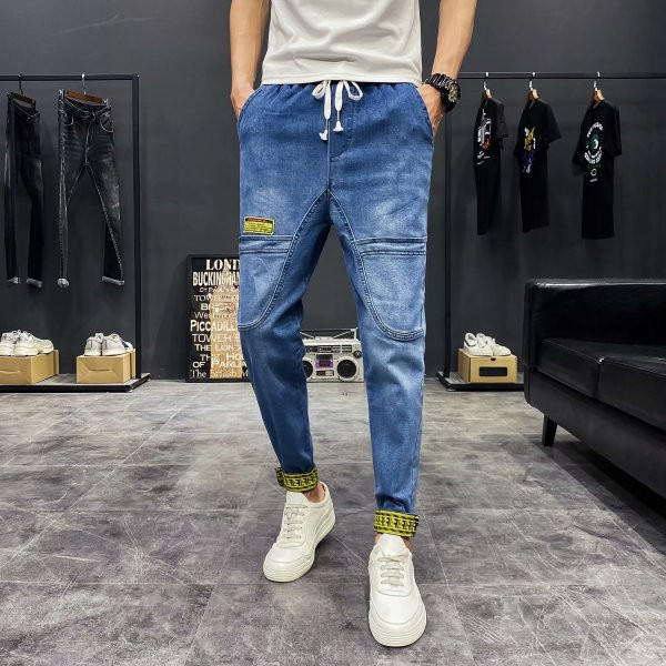 Ανδρικά τζιν casual με κορδόνια και ελαστική μέση