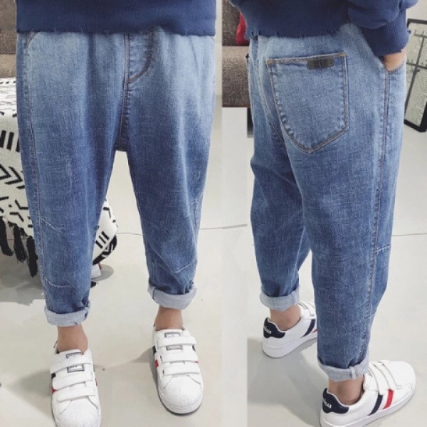 Blugi lungi casual copii cu buzunare model uni in albastru