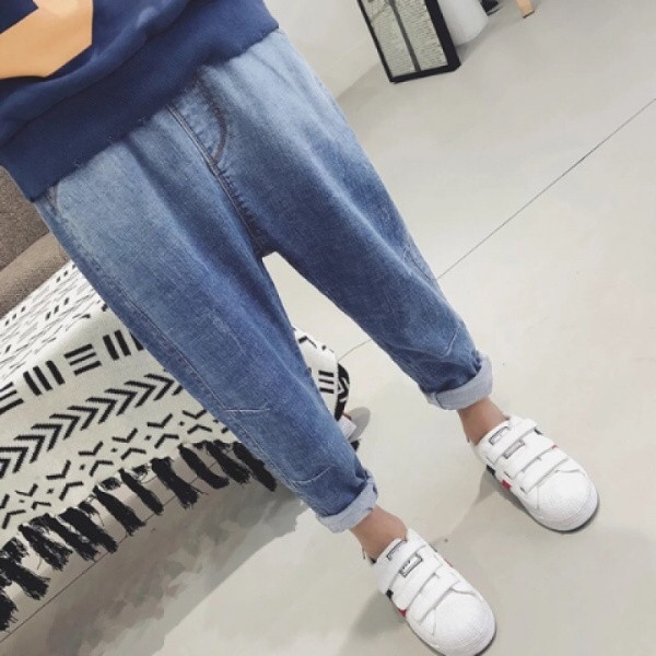 Blugi lungi casual copii cu buzunare model uni in albastru