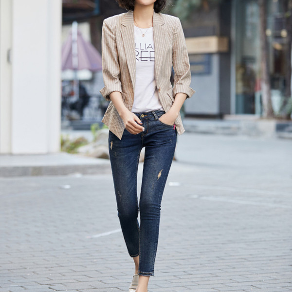 Moderna svītraina īsa jaka ar 3/4 piedurknēm