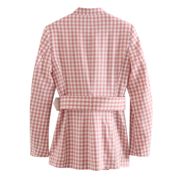 Geaca dama in carouri cu curea roz