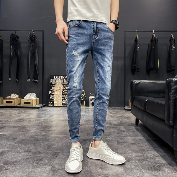 Blugi lungi casual de bărbați cu buzunare și rupti în dreapta