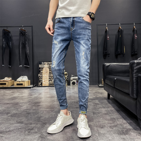 Blugi lungi casual de bărbați cu buzunare și rupti în dreapta