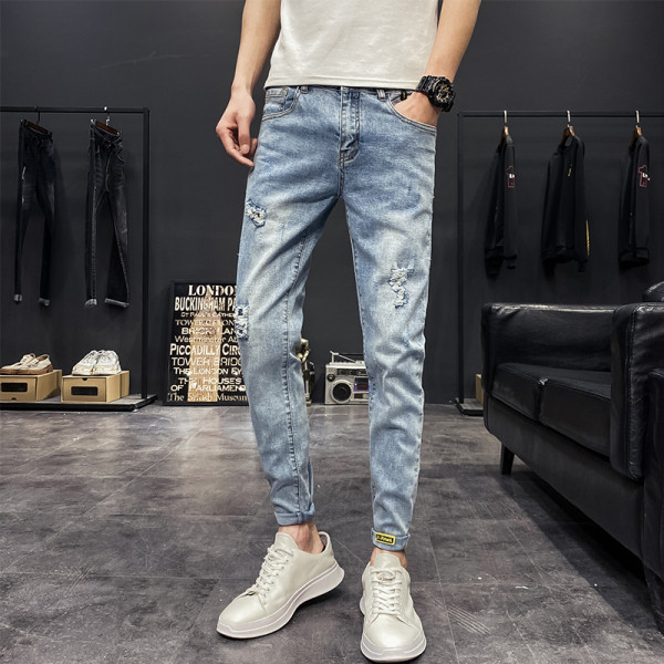 Blugi lungi casual de bărbați cu buzunare și rupti în dreapta