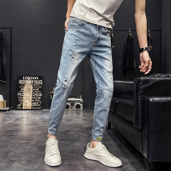 Blugi lungi casual de bărbați cu buzunare și rupti în dreapta