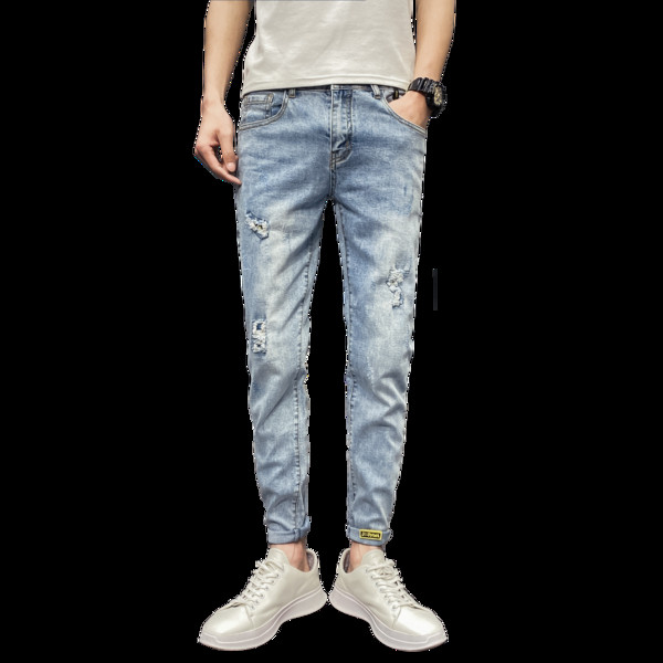 Blugi lungi casual de bărbați cu buzunare și rupti în dreapta