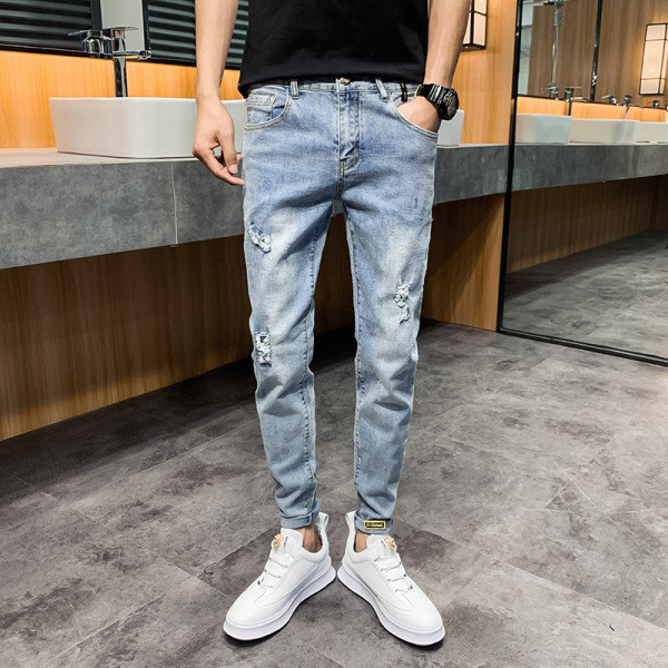 Casual meeste teksapükste sirge mudel taskutega ja rebenenud paremalt