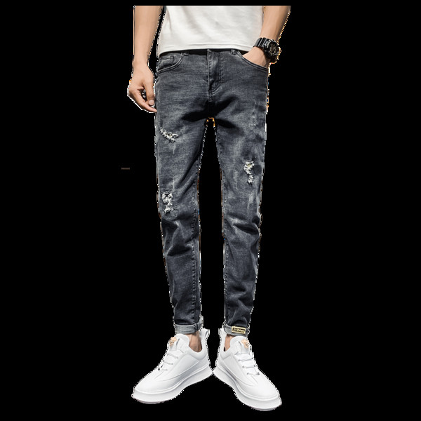 Casual meeste teksapükste sirge mudel taskutega ja rebenenud paremalt