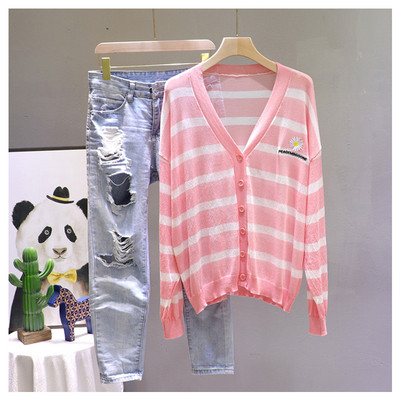 Γυναικεία ριγέ ζακέτα με κεντήματα και μακριά μανίκια