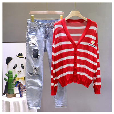 Γυναικεία ριγέ ζακέτα με κεντήματα και μακριά μανίκια