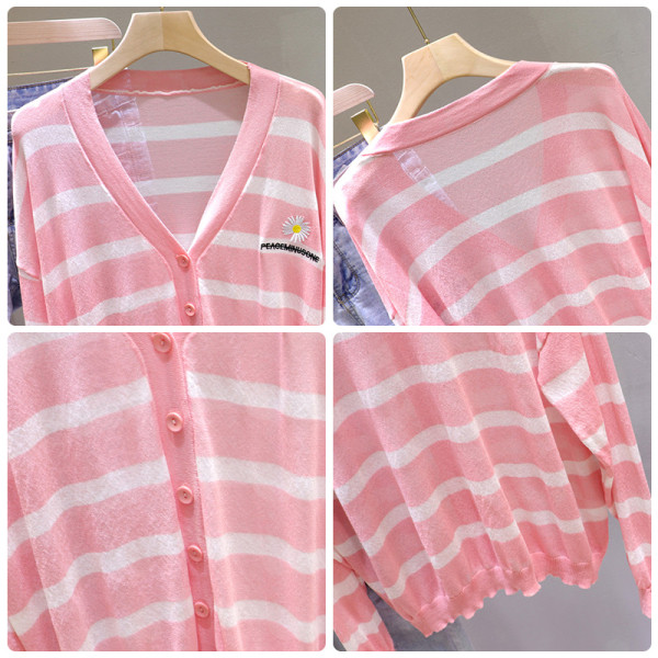 Γυναικεία ριγέ ζακέτα με κεντήματα και μακριά μανίκια