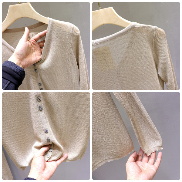 Hétköznapi női mellény hosszú ujjal és spitz nyakkivágással