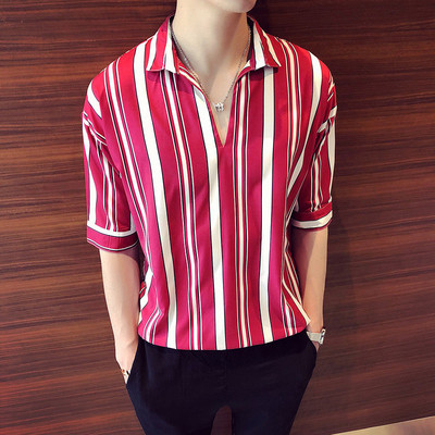 Καλοκαιρινό ανδρικό ριγέ πουκάμισο με λαιμόκοψη