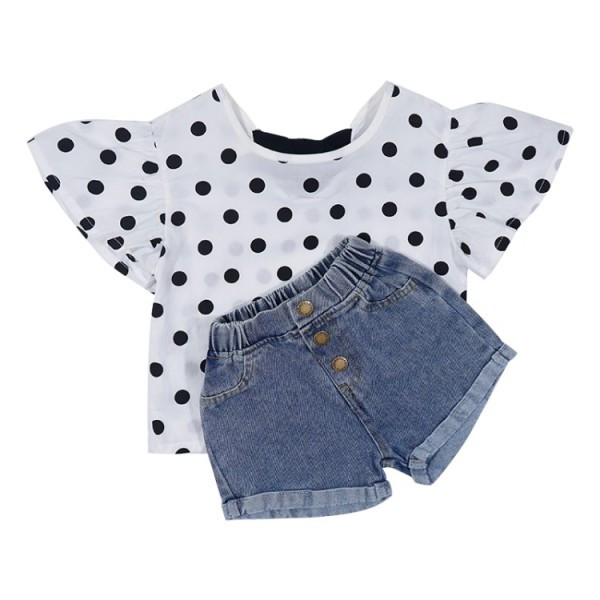 Μοντέρνο παιδικό σετ από μπλούζα πουά + σορτς τζιν